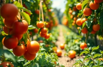 A scenic view of a sunlit orchard showcasing fresh, vibrant fruits and vegetables amidst lush greenery.