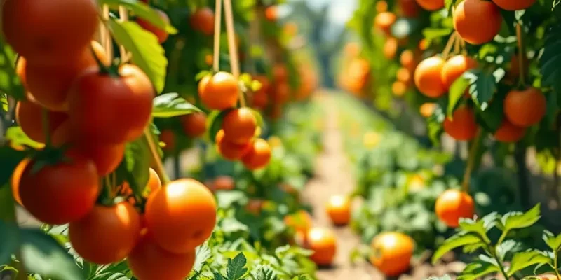 A scenic view of a sunlit orchard showcasing fresh, vibrant fruits and vegetables amidst lush greenery.