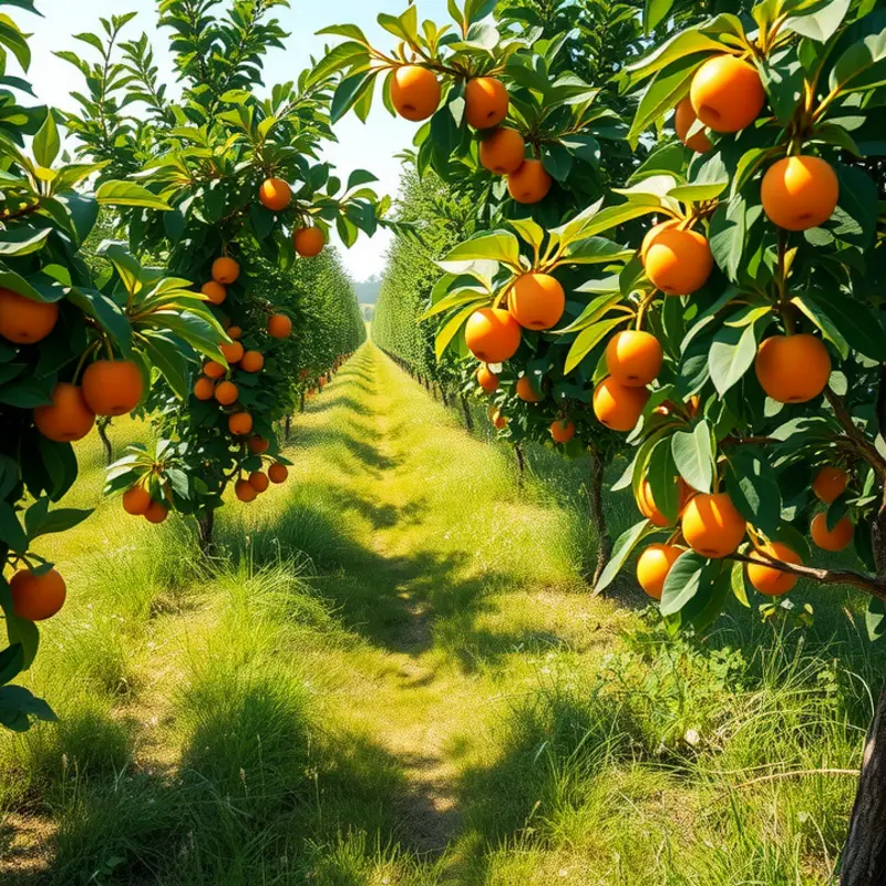 A sunlit orchard bursting with organic fruits and vegetables.