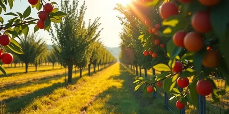 A bright sunlit orchard showcasing an abundance of organic fruits and vegetables, representing freshness and health.