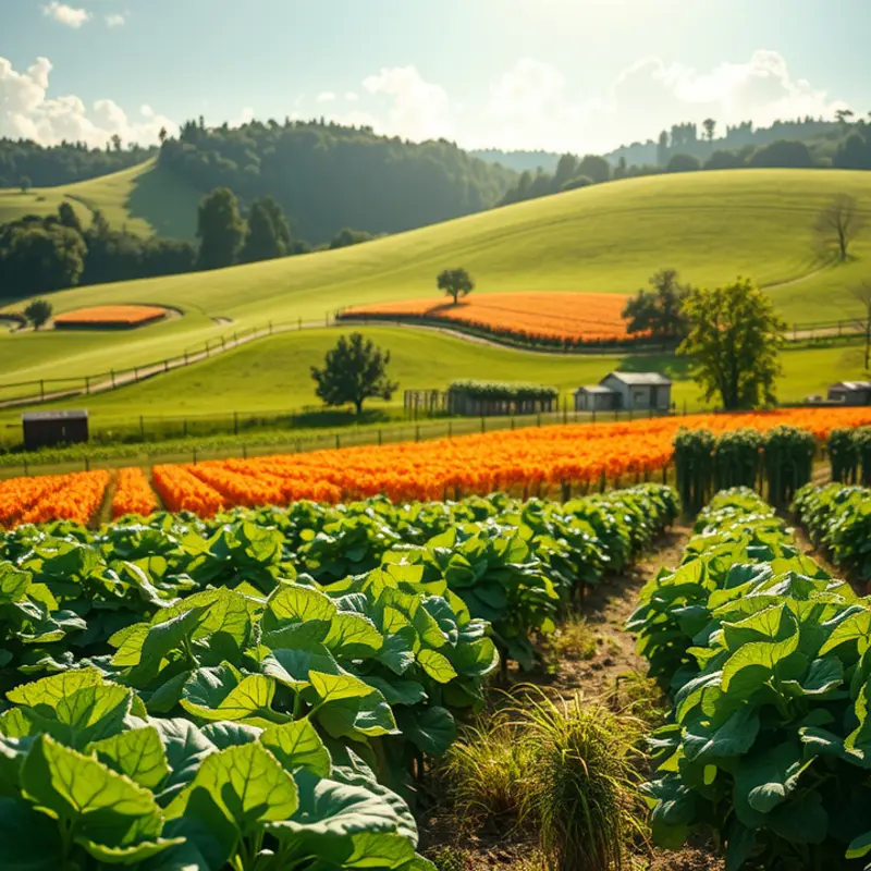 A sunlit field showcasing vibrant vegetables and fruits, representing the freshness of nature’s produce.