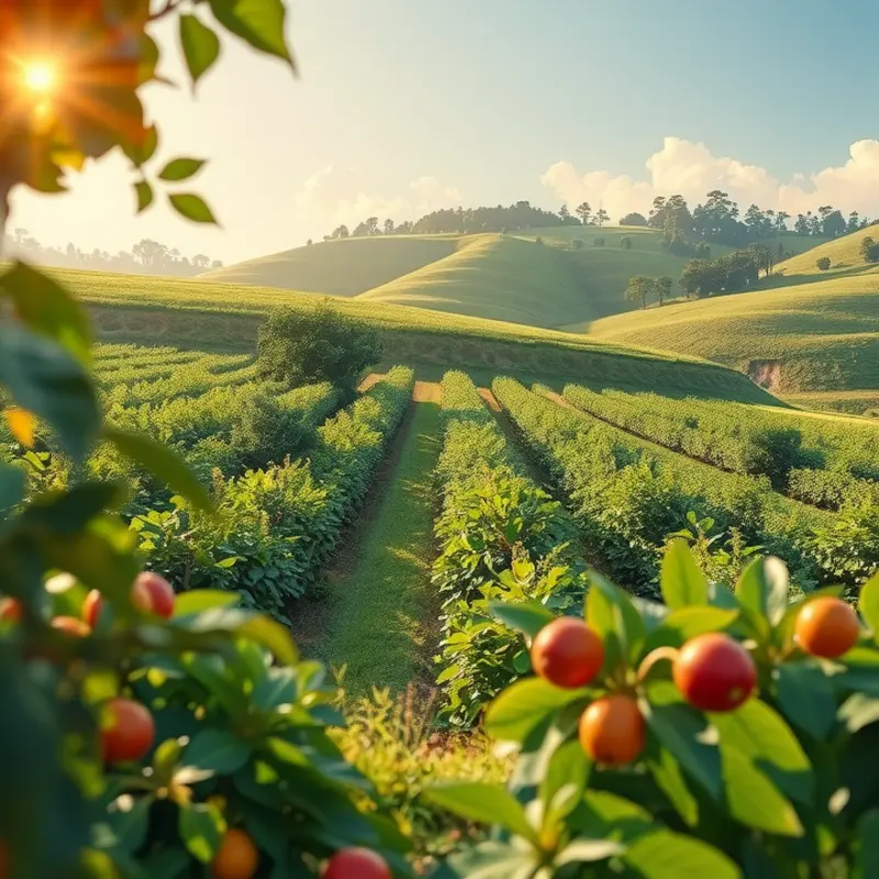 A sunlit field showcasing vibrant vegetables and fruits growing naturally.