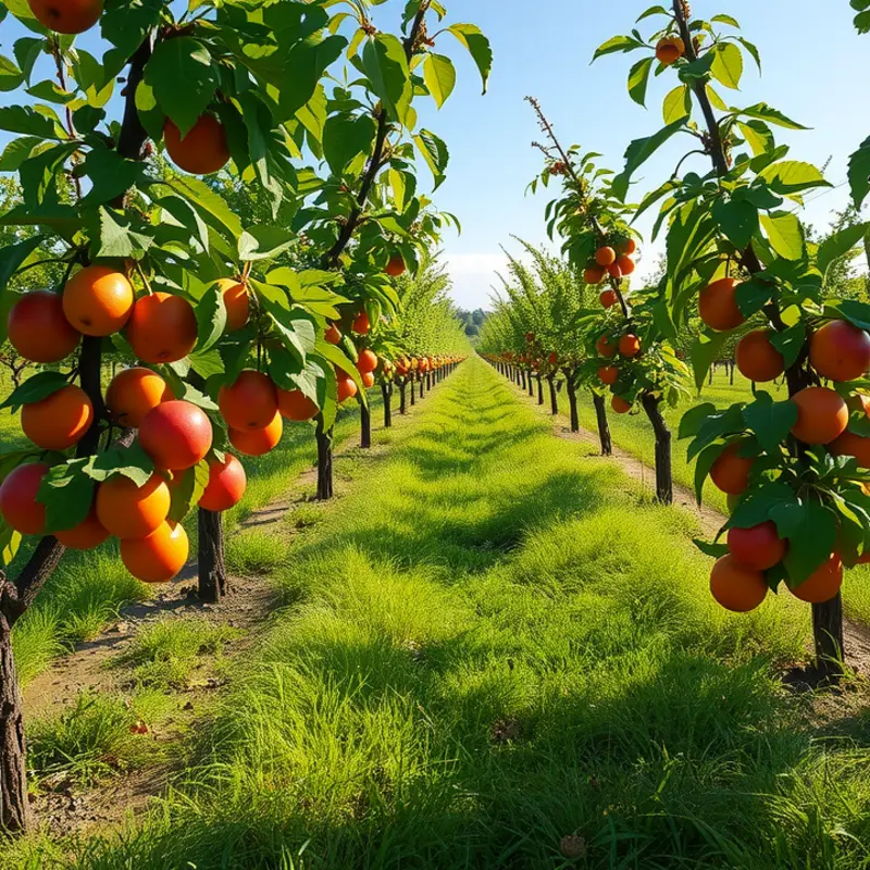 A sunlit orchard abundant with vibrant fruits and vegetables, representing nourishment.