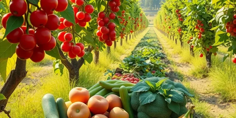 Photorealistic landscape of a sunlit orchard with vibrant vegetables and fruits among lush greenery.