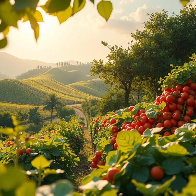 A vibrant orchard filled with fresh fruits and vegetables, representing natural health and abundance.