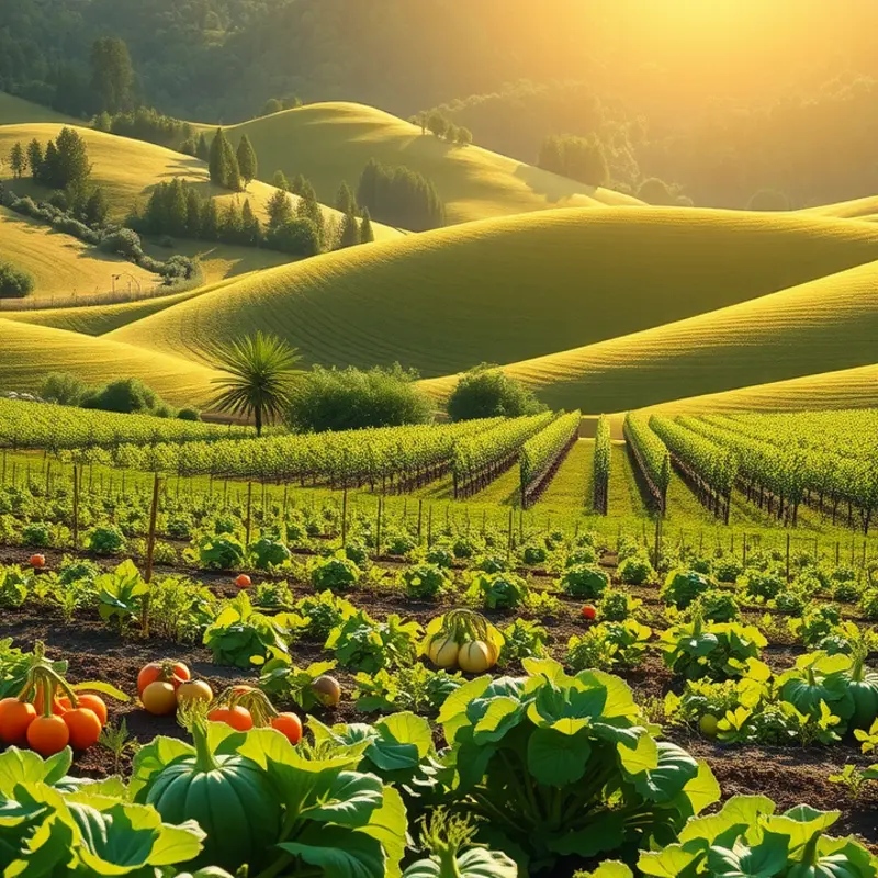 A lush, sunlit orchard showcasing vibrant fruits and vegetables, embodying abundance and natural beauty.