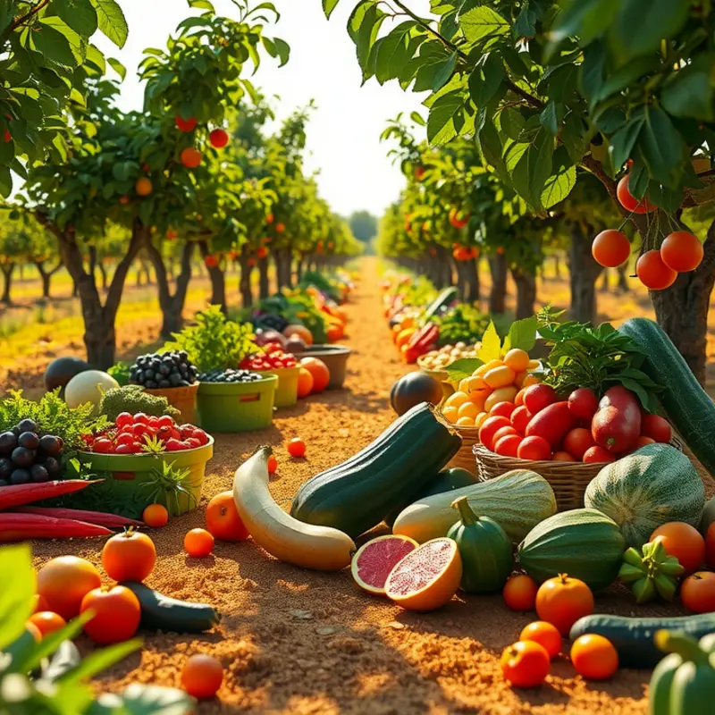 A lush orchard bursting with organic fruits and vegetables.
