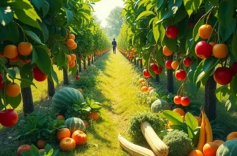 A sunlit orchard filled with vibrant organic produce, showcasing lush greenery.