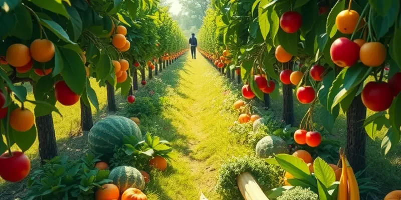 A sunlit orchard filled with vibrant organic produce, showcasing lush greenery.