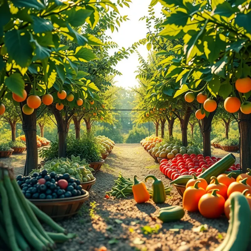 A vibrant orchard filled with fresh vegetables and fruits, illustrating organic abundance.