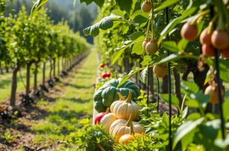 A bright and colorful orchard displaying a variety of lush vegetables and fruits in a serene natural landscape.