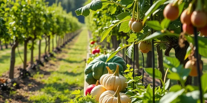 A bright and colorful orchard displaying a variety of lush vegetables and fruits in a serene natural landscape.