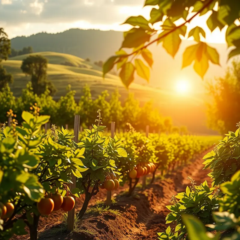 A sunlit orchard filled with vibrant vegetables and fruits representing healthy eating.
