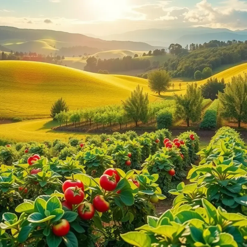 A tranquil orchard bustling with vibrant fruits and vegetables under a serene sky.