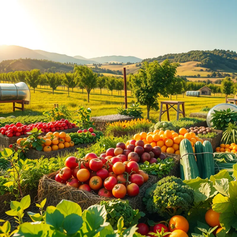 A sunlit organic farm filled with vibrant vegetables and fruits.