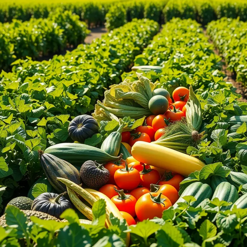 A vibrant sunlit field showcasing an abundance of organic produce.