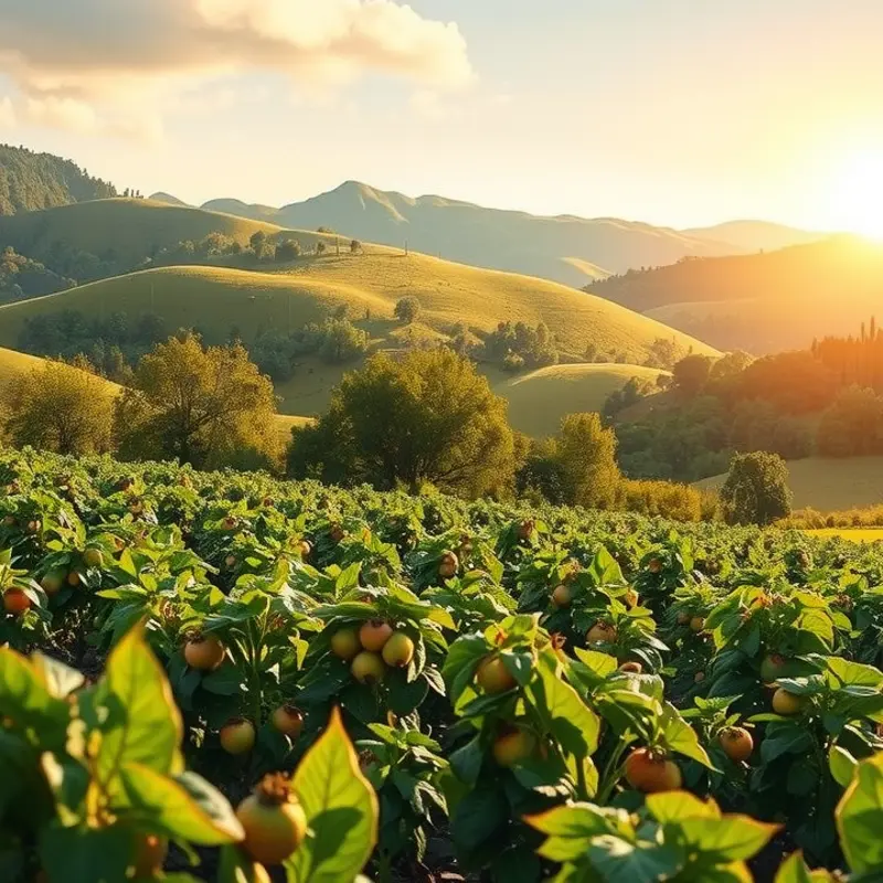 A vibrant orchard brimming with fresh organic fruits and vegetables under warm sunlight.