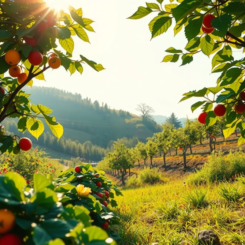 A vibrant sunlit field showcasing an abundance of organic fruits and vegetables.
