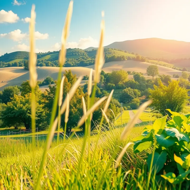 A serene sunlit organic field showcasing vibrant vegetables and fruits.