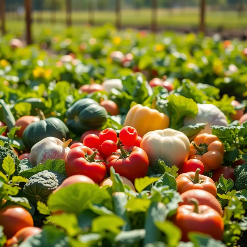A sunlit organic field brimming with vibrant vegetables and fruits, representing nature’s bounty.
