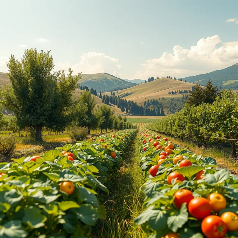 A sunlit field showcasing the abundance of organic fruits and vegetables.