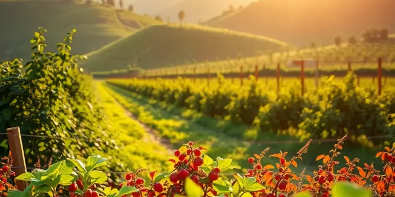 A vast field of vibrant organic vegetables and fruits under sunlight, showcasing healthy eating.