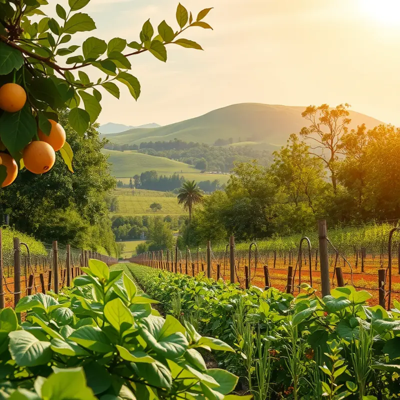 A sunlit field of vibrant organic vegetables and fruits highlighting natural abundance.