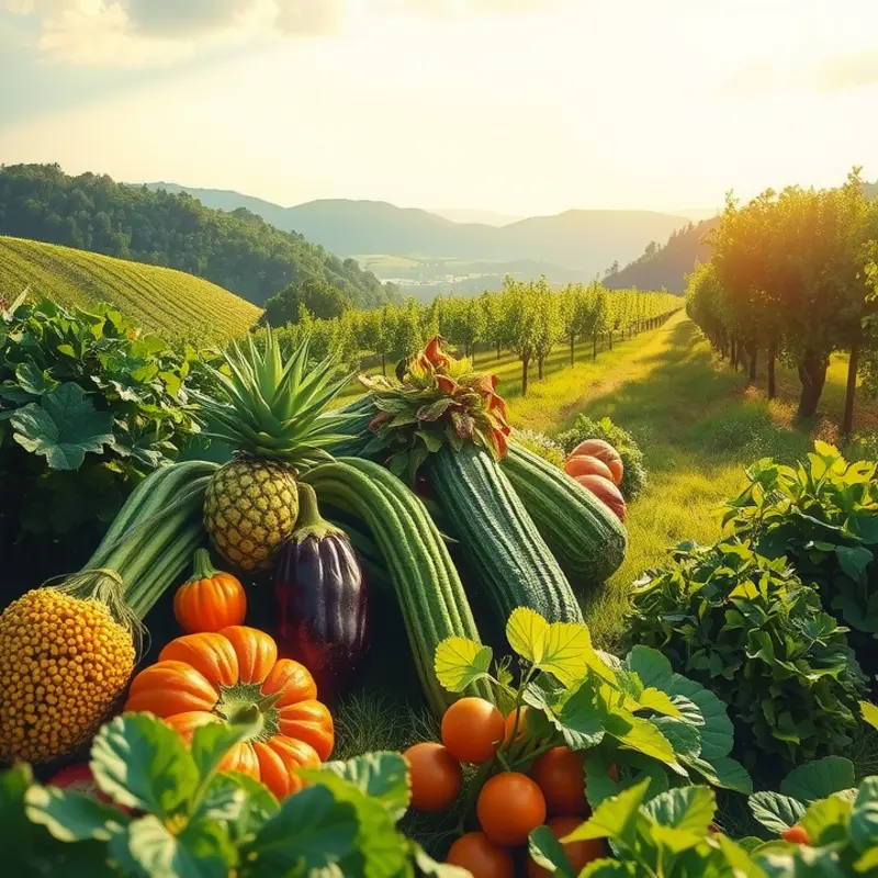 A sunlit field showcasing organic vegetables and fruits.