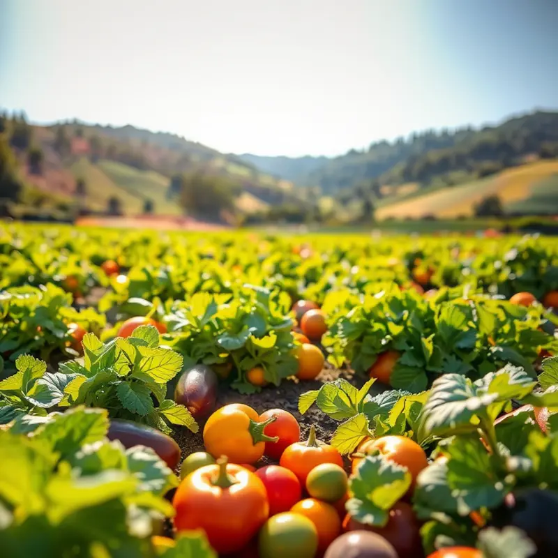 A sunlit field showcasing vibrant vegetables and fruits that symbolize health and nutrition.