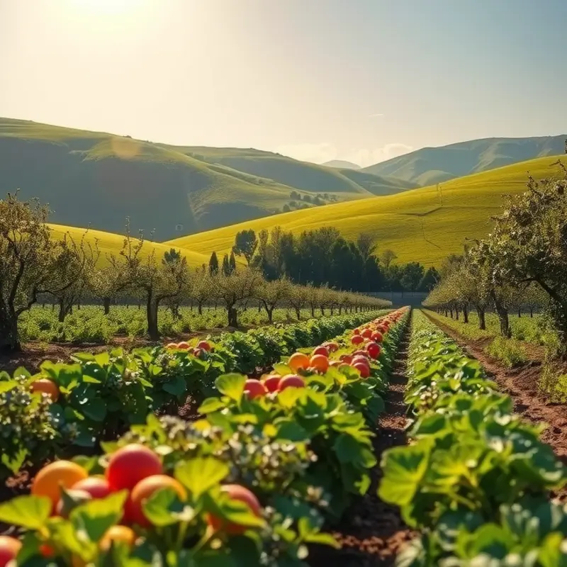 A vibrant field depicting fresh vegetables and fruits flourishing in natural surroundings.