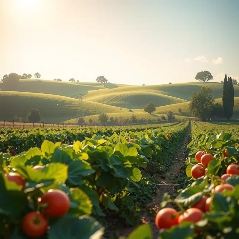 A vibrant sunlit field showcasing organic vegetables and fruits.