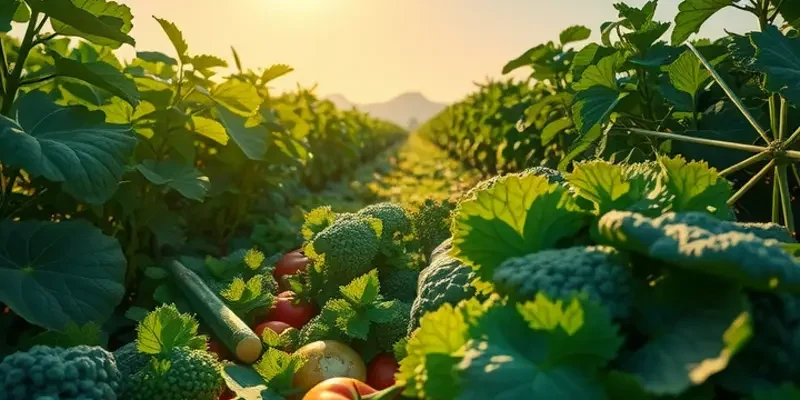 A scenic field of sunlit organic produce, symbolizing the freshness of the ingredients used in cooking.