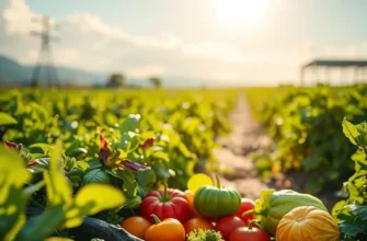 A serene sunlit landscape showcasing a variety of fruits and vegetables growing abundantly in a lush green field.