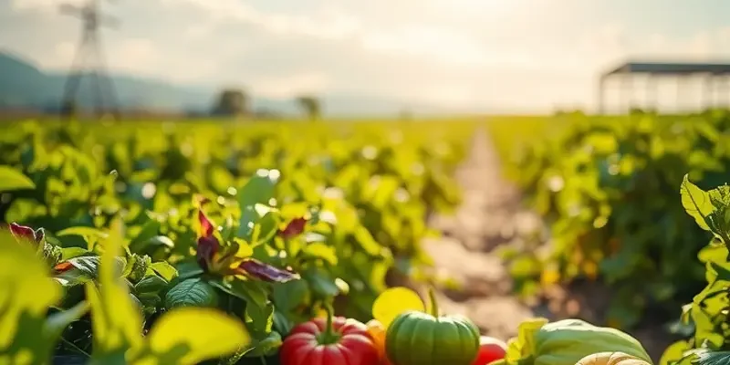A serene sunlit landscape showcasing a variety of fruits and vegetables growing abundantly in a lush green field.