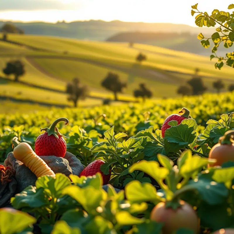 A sunlit orchard filled with vibrant vegetables and fruits, symbolizing the abundance of mindful eating.