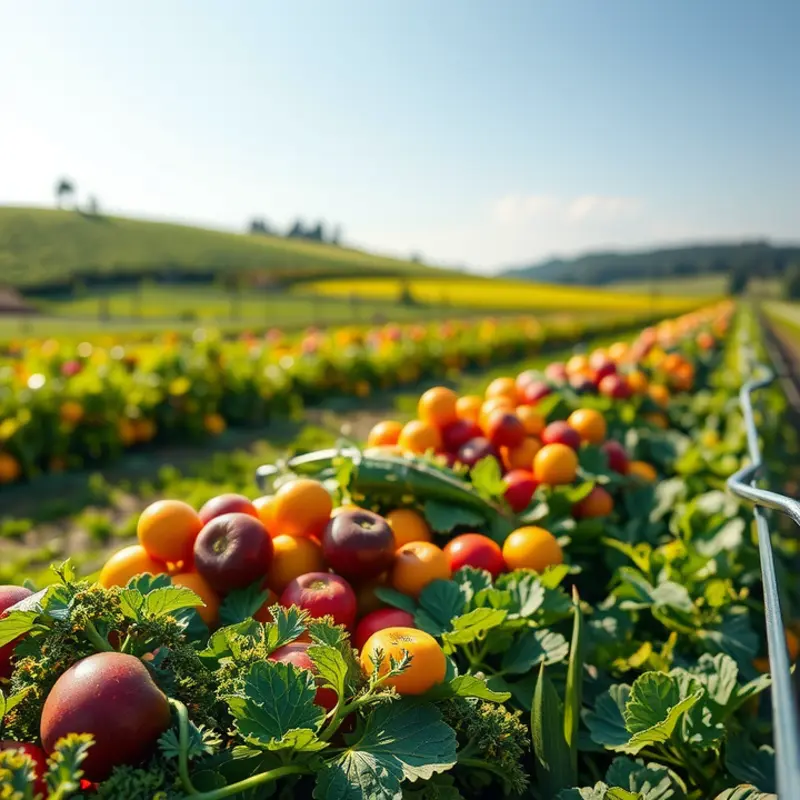 A vibrant sunlit field full of fresh fruits and vegetables.