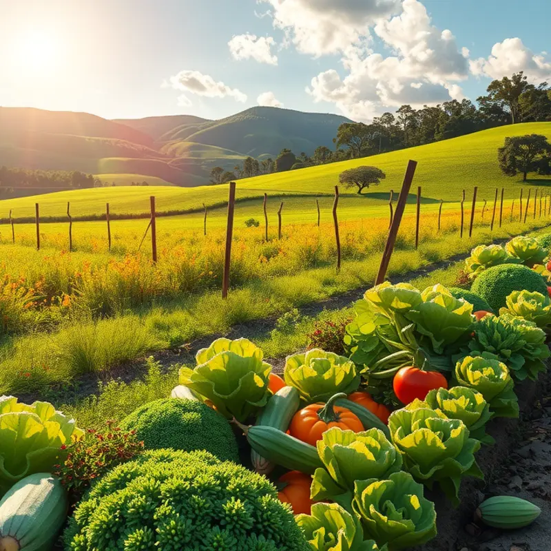 A sunlit field showcasing the abundance of organic fruits and vegetables.
