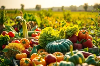 A sunlit field with vibrant vegetables and fruits growing amongst lush greenery, symbolizing fresh and healthy food.