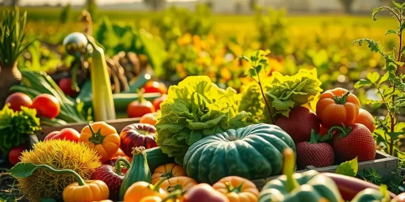 A sunlit field with vibrant vegetables and fruits growing amongst lush greenery, symbolizing fresh and healthy food.