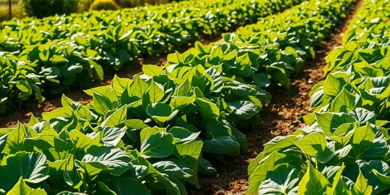 A serene landscape illustrating a sunlit field of vegetables and fruits, promoting healthy eating.