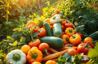 A scenic sunlit field with vegetables and fruits growing in lush greenery.