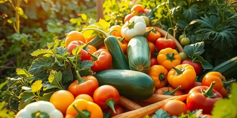 A scenic sunlit field with vegetables and fruits growing in lush greenery.