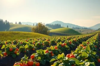 A photorealistic landscape of a sunlit organic field showcasing lush greenery and assorted vibrant fruits and vegetables.