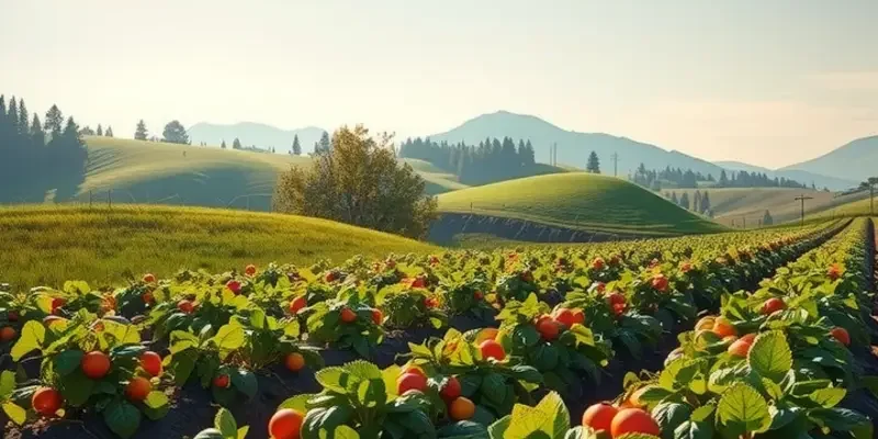 A photorealistic landscape of a sunlit organic field showcasing lush greenery and assorted vibrant fruits and vegetables.