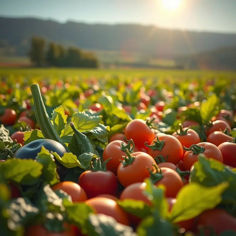 Vibrant sunlit fields showcasing organic vegetables and fruits.