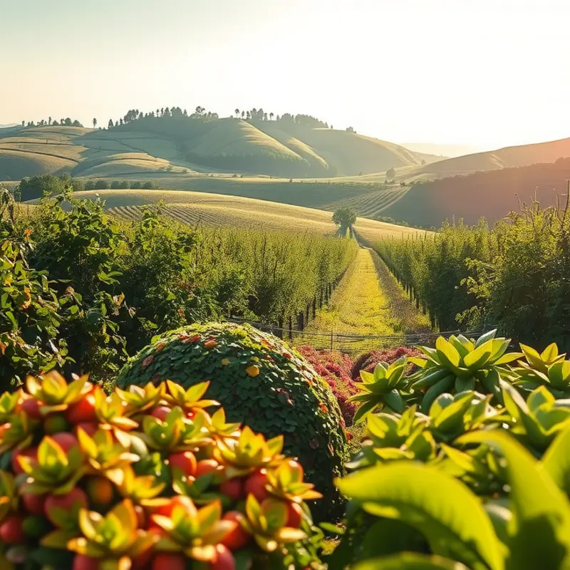 A vibrant sunlit orchard showcasing an abundance of fresh fruits and vegetables.