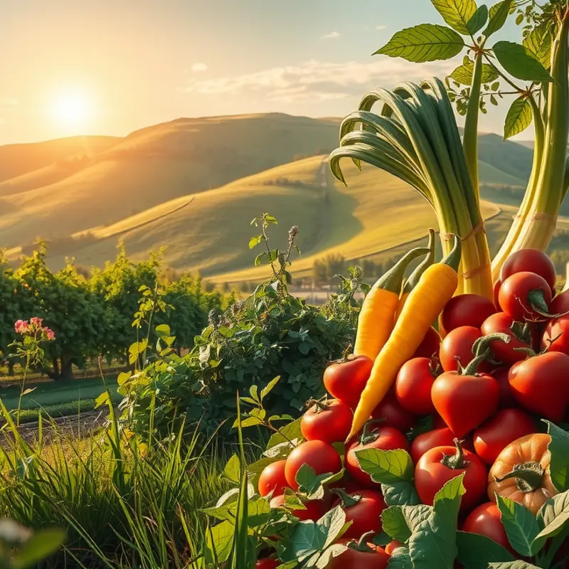 A vibrant sunlit field filled with organic vegetables and fruits.