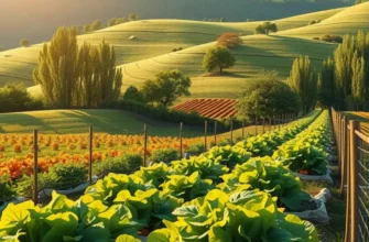 Photorealistic landscape showcasing an orchard full of organic vegetables and fruits in a sunny field.