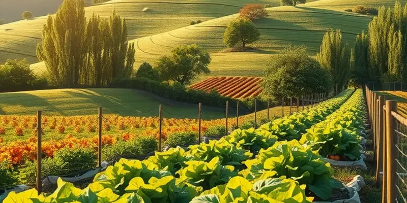 Photorealistic landscape showcasing an orchard full of organic vegetables and fruits in a sunny field.