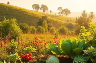 An organic garden filled with colorful vegetables and herbs under sunlight.